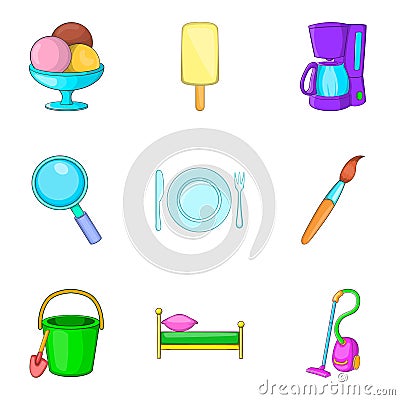 Household articles icons set, cartoon style Vector Illustration