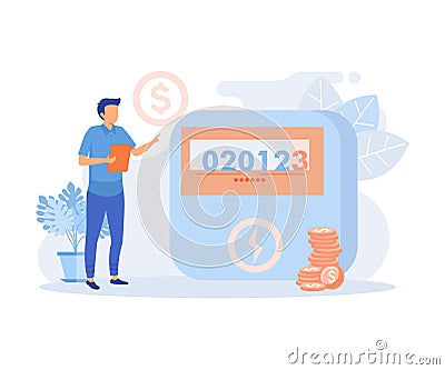 Household bills illustration. Characters calculating electricity, warm tap water and other utility costs. Energy and utilities Vector Illustration