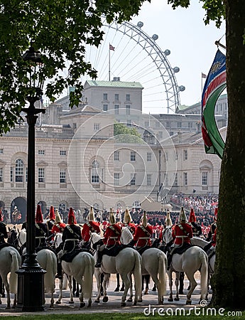 Household cavalry at the Trooping the Colour ceremony. The London Eye can be seen in the background. Editorial Stock Photo