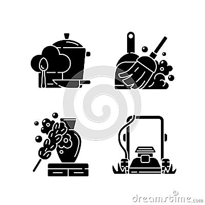 Household chores black glyph icons set on white space Vector Illustration