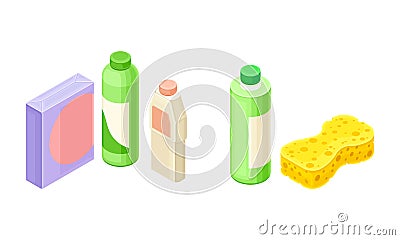 Household Cleaning Equipment with Detergent in Bottle and Sponge Isometric Vector Composition Set Vector Illustration