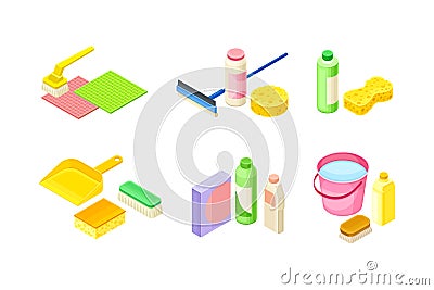 Household Cleaning Equipments with Mop, Broom and Bottles with Detergents Isometric Vector Set Vector Illustration