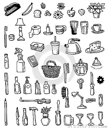 Household Doodle Items Vector Illustration