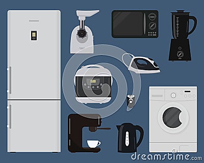 Household electrical appliances on a blue background Vector Illustration