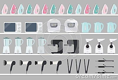 Household electrical appliances on shelves Vector Illustration