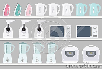 Household electrical appliances on shelves Vector Illustration