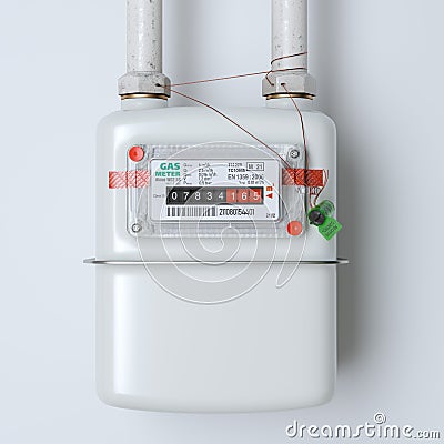 Household gas meter close up on the background of the wall.3D render Stock Photo