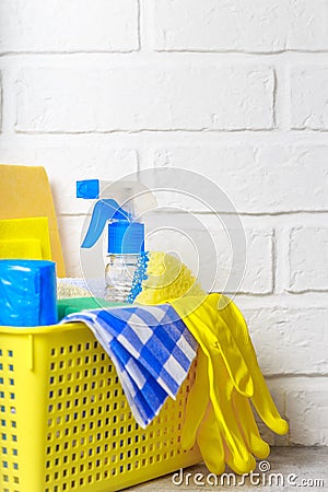 Household goods, equipment for cleaning and housework on the background with copy space. Supplies of sponges for washing Stock Photo