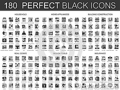 180 household, home appliances, building construction, real estate, design tools, insurance classic black mini concept Vector Illustration