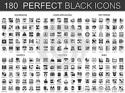 180 household, home appliances, pet, garden, kitchen, baby black mini concept icons and infographic symbols set. Vector Illustration