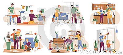 Household housework chores, cleaning people set Vector Illustration