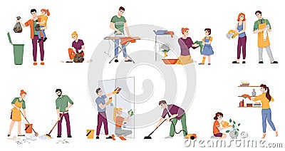 Household housework chores, cleaning people set Vector Illustration