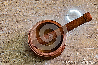 Household implements, wooden mortar and pestle from Lekki Lagos Nigeria Stock Photo