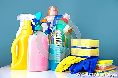 Sanitary items,cleaning household supplies. Stock Photo