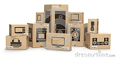 Household kitchen appliances and home electronics in boxes isolated on white. E-commerce, internet online shopping and delivery c Cartoon Illustration