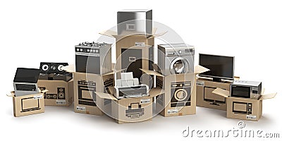 Household kitchen appliances and home electronics in boxes isolated on white. E-commerce, internet online shopping and delivery c Cartoon Illustration