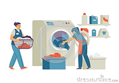 Household laundry dry clean services workers, flat vector illustration isolated. Vector Illustration