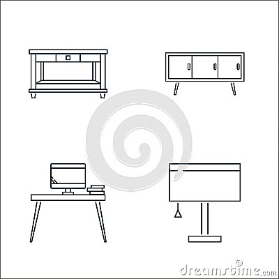 household line icons. linear set. quality vector line set such as lamp, tv table, cupboard Vector Illustration