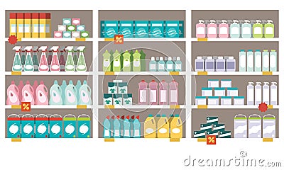 Household products on the supermarket shelves Vector Illustration