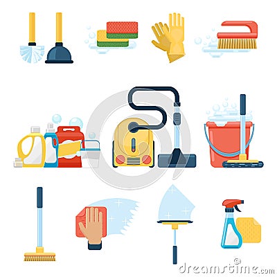 Household supplies and cleaning tools flat icons vector signs Vector Illustration