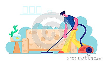 Householder Vacuuming Home with Vacuum Cleaner in Living Room. Young Man Doing Domestic Work, Cleaning Floor Carpet Vector Illustration