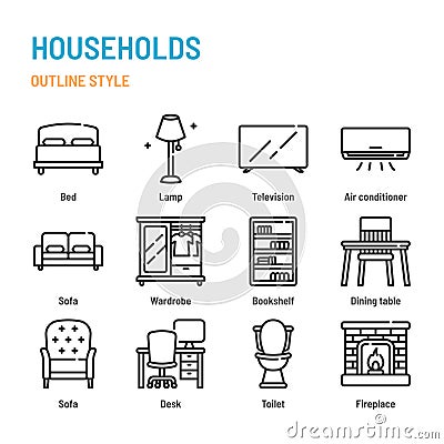Households and furnitures in outline icon and symbol set Vector Illustration