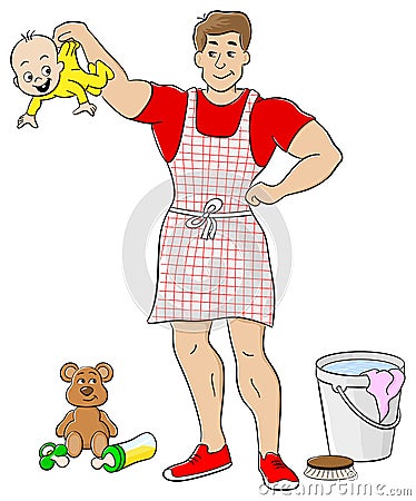Househusband is busy doing housework Vector Illustration
