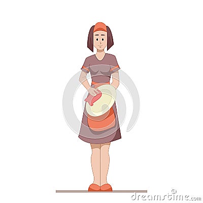 Housekeeper or housewife cleans the dishes after washing. Flat character isolated on white background. Vector Vector Illustration