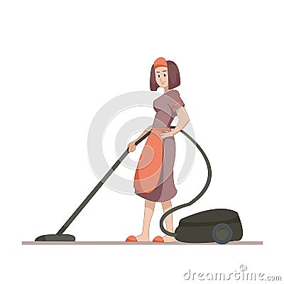 Housekeeper or housewife makes home cleaning with a vacuum cleaner. Flat character isolated on white background. Vector Vector Illustration