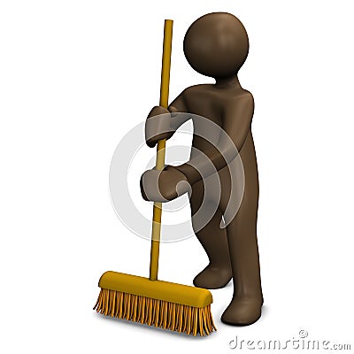 Housekeeper sweeping with broom Stock Photo