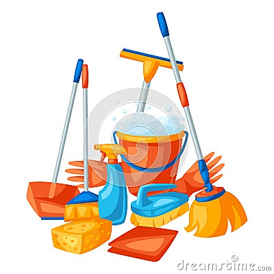 Housekeeping background with cleaning items. Vector Illustration