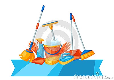Housekeeping background with cleaning items. Vector Illustration