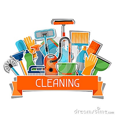 Housekeeping background with cleaning sticker icons. Image can be used on advertising booklets, banners, flayers Vector Illustration