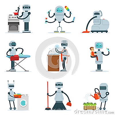 Housekeeping Household Robot Doing Home Cleanup And Other Duties Series Of Futuristic Illustration With Servant Android Vector Illustration