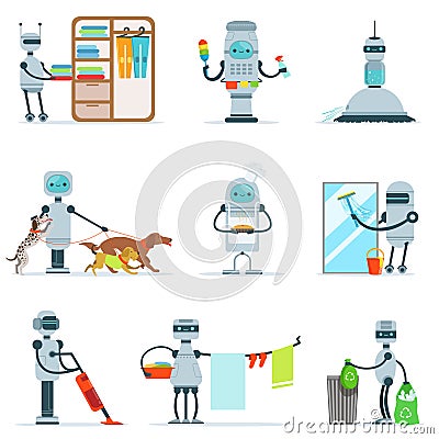 Housekeeping Household Robot Doing Home Cleanup And Other Duties Set Of Futuristic Illustration With Servant Android Vector Illustration