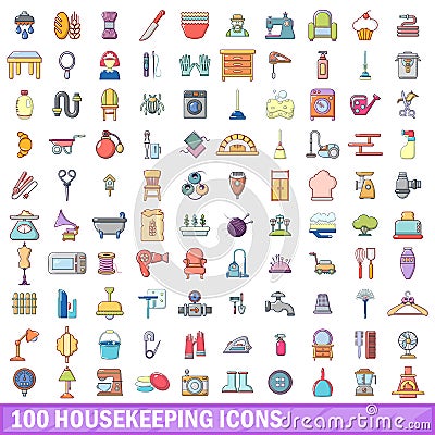 100 housekeeping icons set, cartoon style Vector Illustration