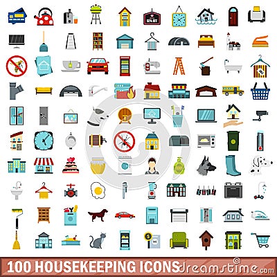 100 housekeeping icons set, flat style Vector Illustration