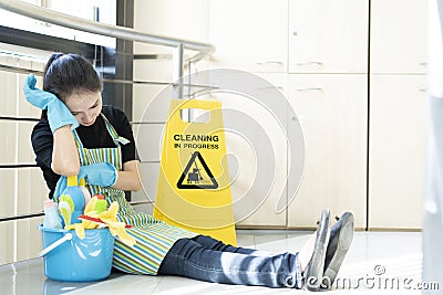Housekeeping or maid taking a break Stock Photo