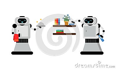 Housekeeping Robot Performing Domestic Chores Vector Set Vector Illustration