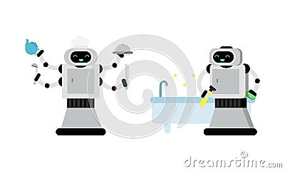 Housekeeping Robot Performing Domestic Chores Vector Set Vector Illustration