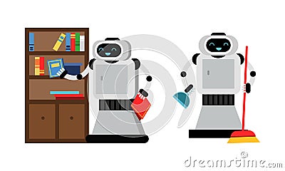 Housekeeping Robot Performing Domestic Chores Vector Set Vector Illustration