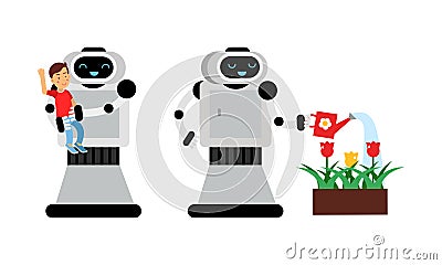 Housekeeping Robot Performing Domestic Chores Vector Set Vector Illustration