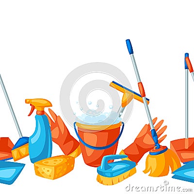 Housekeeping seamless pattern with cleaning items. Vector Illustration