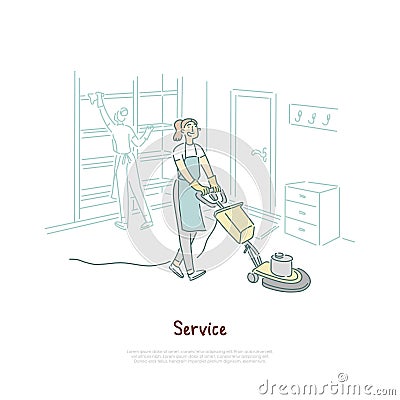 Housekeeping service, female housekeeper cleaning hotel room, apartment, housewife using vacuum cleaner banner Vector Illustration