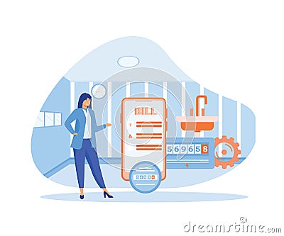 Housekeeping services. Utility bill in smart phone app. Woman pays gas, water, electricity, heating bills. Vector Illustration