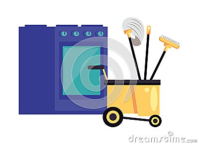 Housekepping cart with tools cleaning and oven Vector Illustration