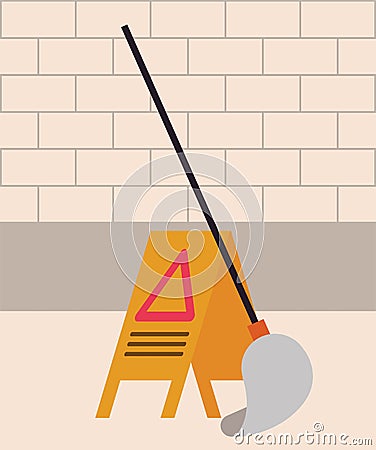 Housekepping mop accessory with caution label Vector Illustration