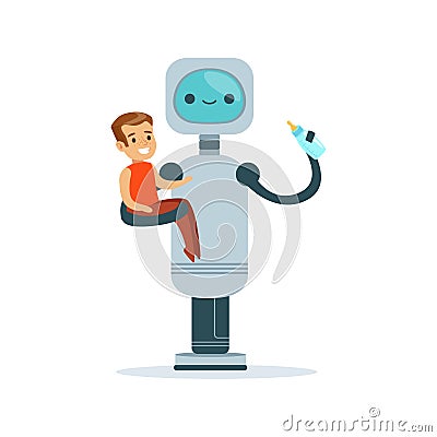 Housemaid baby sitter robot with child vector Illustration Vector Illustration