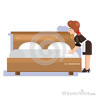 Housemaid cleaner clean bed cleanliness flat design character vector illustration Vector Illustration