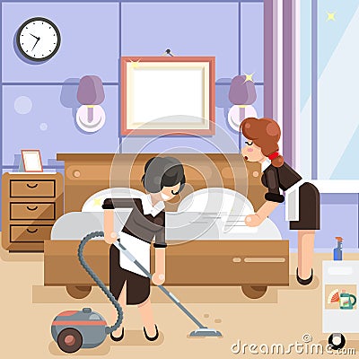 Housemaid cleaners clean hotel room cleanliness flat design vector illustration Vector Illustration